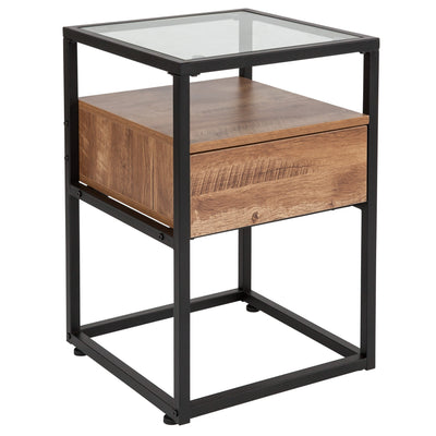 Cumberland Collection Glass Coffee Table with Drawer and Shelf in Wood Grain Finish