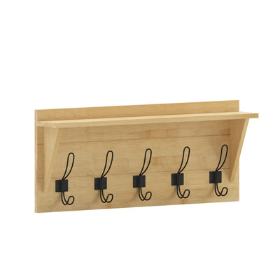 Daly Wall Mounted Solid Pine Wood Storage Rack with Upper Shelf and 5 Hanging Hooks For Entryway, Kitchen, Bathroom