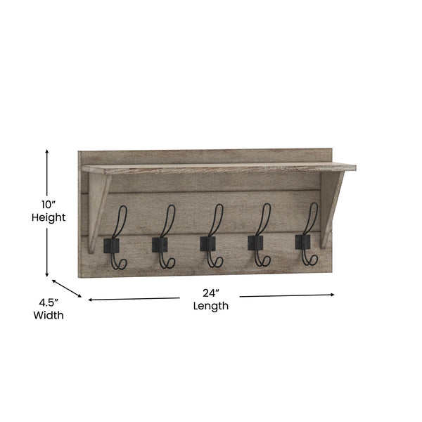 Weathered Brown |#| Wall Mounted Coat Rack with Upper Shelf and Coat Hooks in Weathered Finish