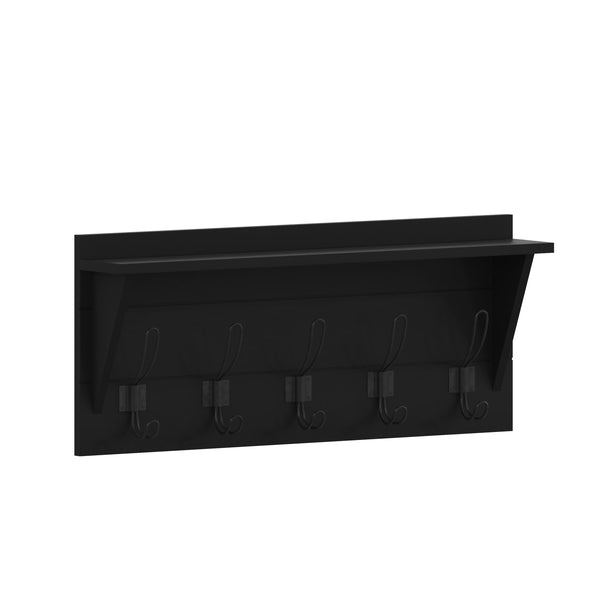 Black |#| Wall Mounted Coat Rack with Upper Shelf and Coat Hooks in Black Finish