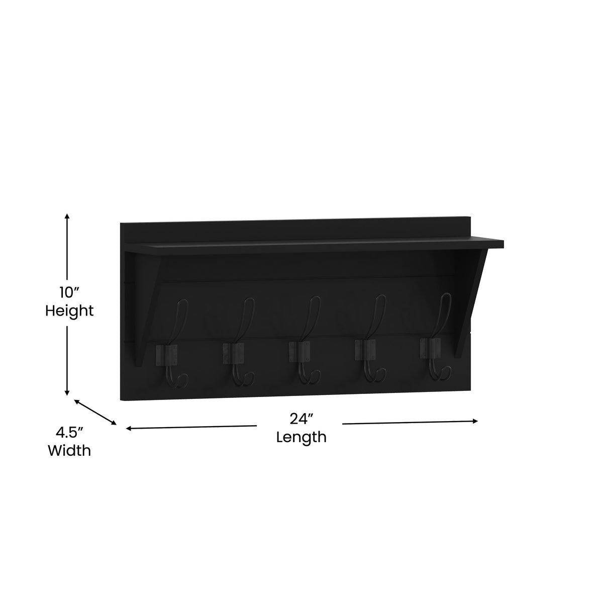 Black |#| Wall Mounted Coat Rack with Upper Shelf and Coat Hooks in Black Finish