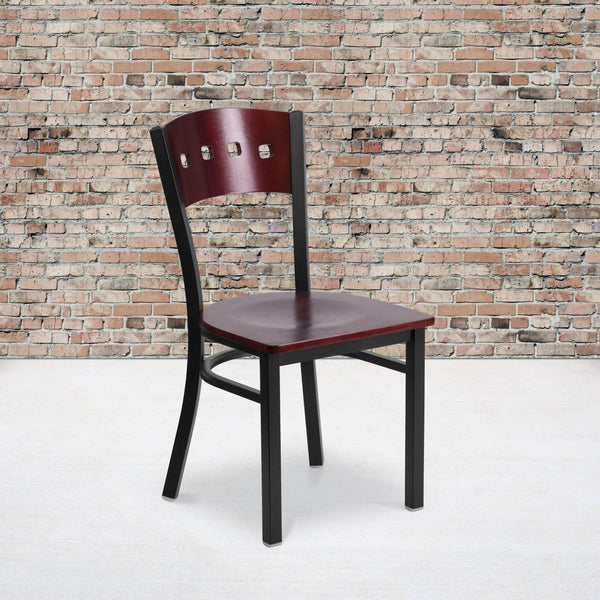 Mahogany Wood Back/Mahogany Wood Seat/Black Metal Frame |#| Black 4 Square Back Metal Restaurant Chair - Mahogany Wood Back & Seat