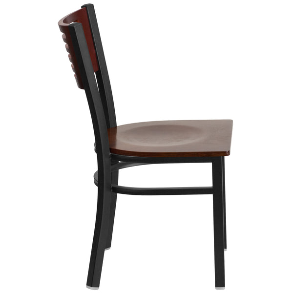 Mahogany Wood Back/Mahogany Wood Seat/Black Metal Frame |#| Black Slat Back Metal Restaurant Chair - Mahogany Wood Back & Seat