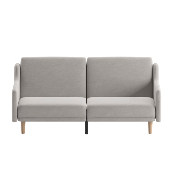 Gray |#| Split Back Futon Sofa with Curved Arms and Solid Wood Legs- Gray Faux Linen