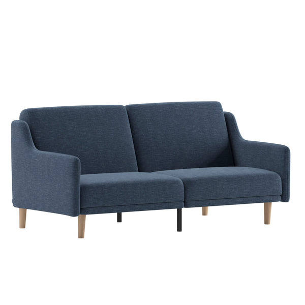 Navy |#| Split Back Futon Sofa with Curved Arms and Solid Wood Legs- Navy Faux Linen