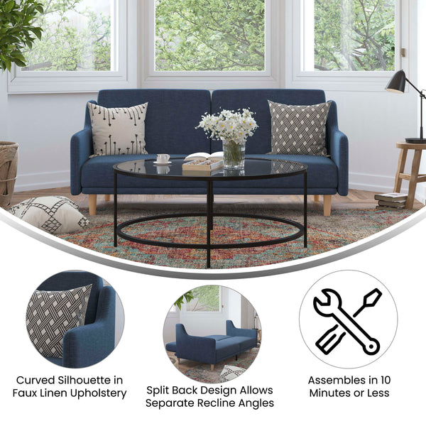 Navy |#| Split Back Futon Sofa with Curved Arms and Solid Wood Legs- Navy Faux Linen