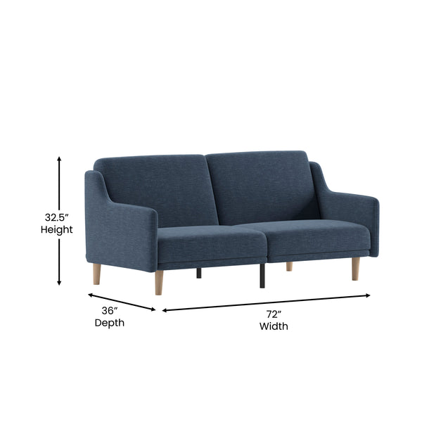 Navy |#| Split Back Futon Sofa with Curved Arms and Solid Wood Legs- Navy Faux Linen