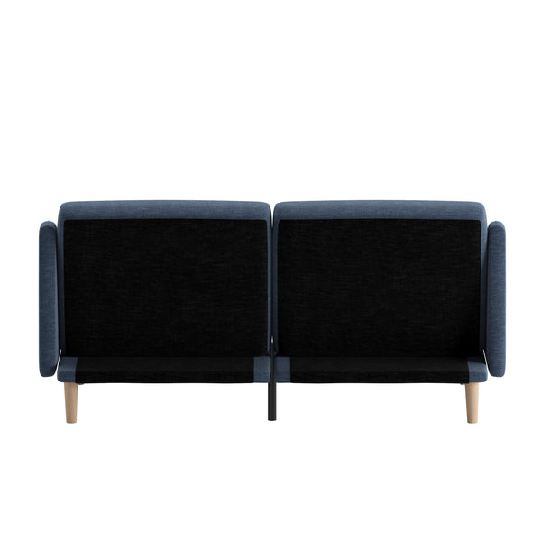 Navy |#| Split Back Futon Sofa with Curved Arms and Solid Wood Legs- Navy Faux Linen