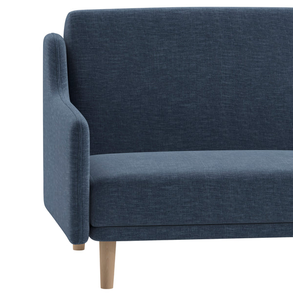 Navy |#| Split Back Futon Sofa with Curved Arms and Solid Wood Legs- Navy Faux Linen