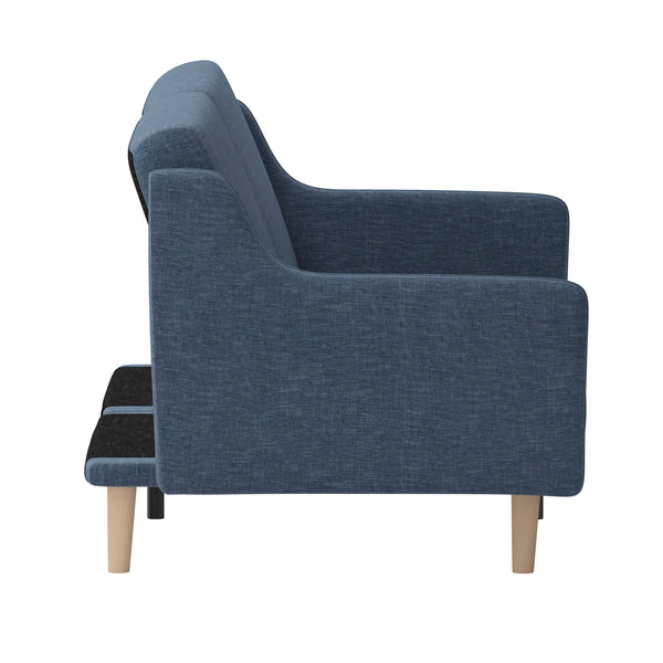 Navy |#| Split Back Futon Sofa with Curved Arms and Solid Wood Legs- Navy Faux Linen