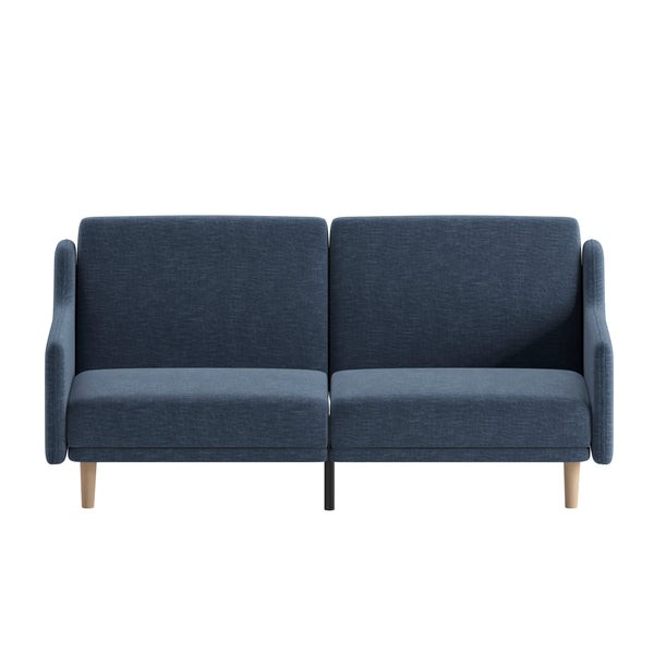 Navy |#| Split Back Futon Sofa with Curved Arms and Solid Wood Legs- Navy Faux Linen