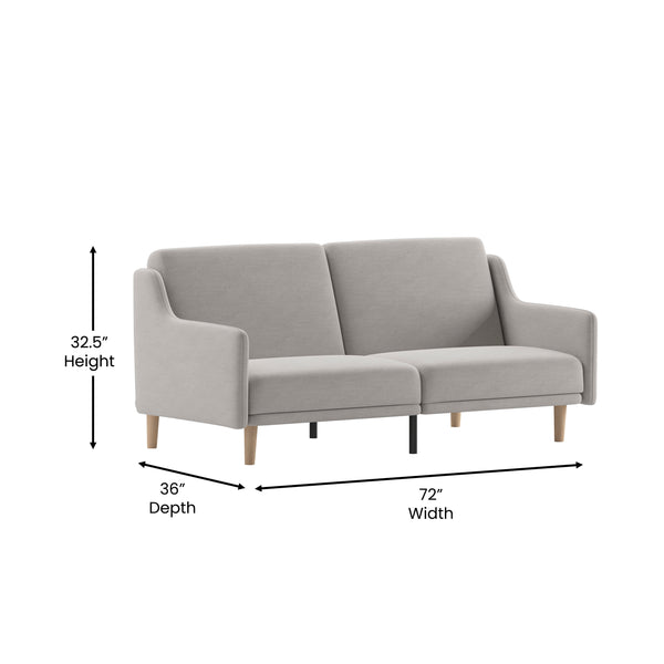 Gray |#| Split Back Futon Sofa with Curved Arms and Solid Wood Legs- Gray Faux Linen