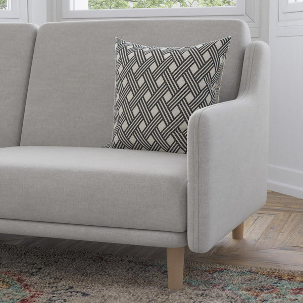 Gray |#| Split Back Futon Sofa with Curved Arms and Solid Wood Legs- Gray Faux Linen