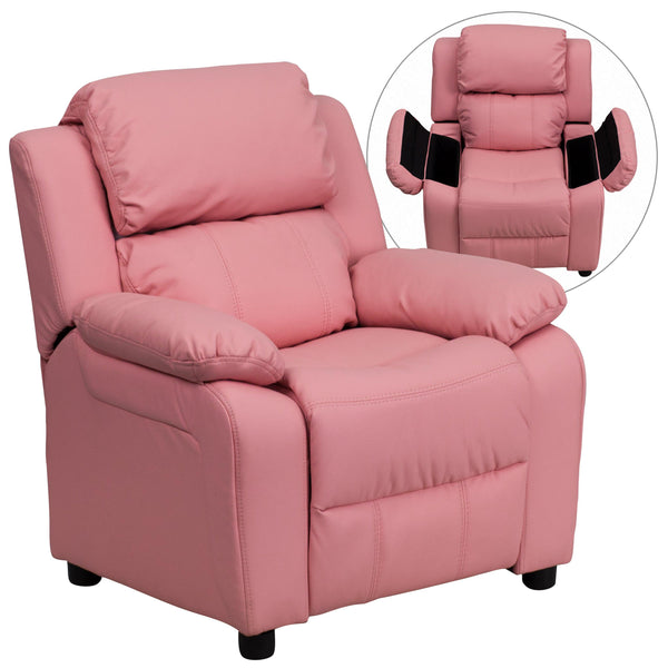 Pink Vinyl |#| Deluxe Padded Contemporary Pink Vinyl Kids Recliner with Storage Arms