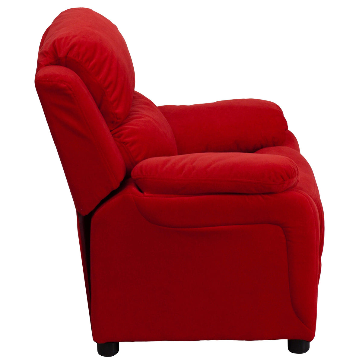 Red Microfiber |#| Deluxe Padded Contemporary Red Microfiber Kids Recliner with Storage Arms