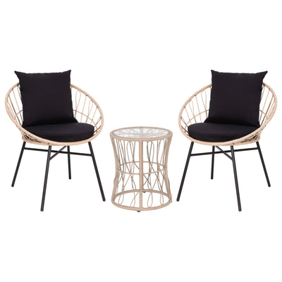 Devon 3-Piece Indoor/Outdoor Bistro Set, Papasan Style Rattan Rope Chairs, Glass Top Side Table & Cushions - View 1