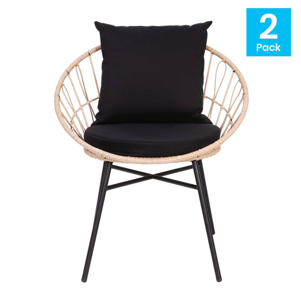 Black Fabric/Tan Frame |#| Indoor/Outdoor Boho Rattan Rope Chairs with Back & Seat Cushions - Tan/Black