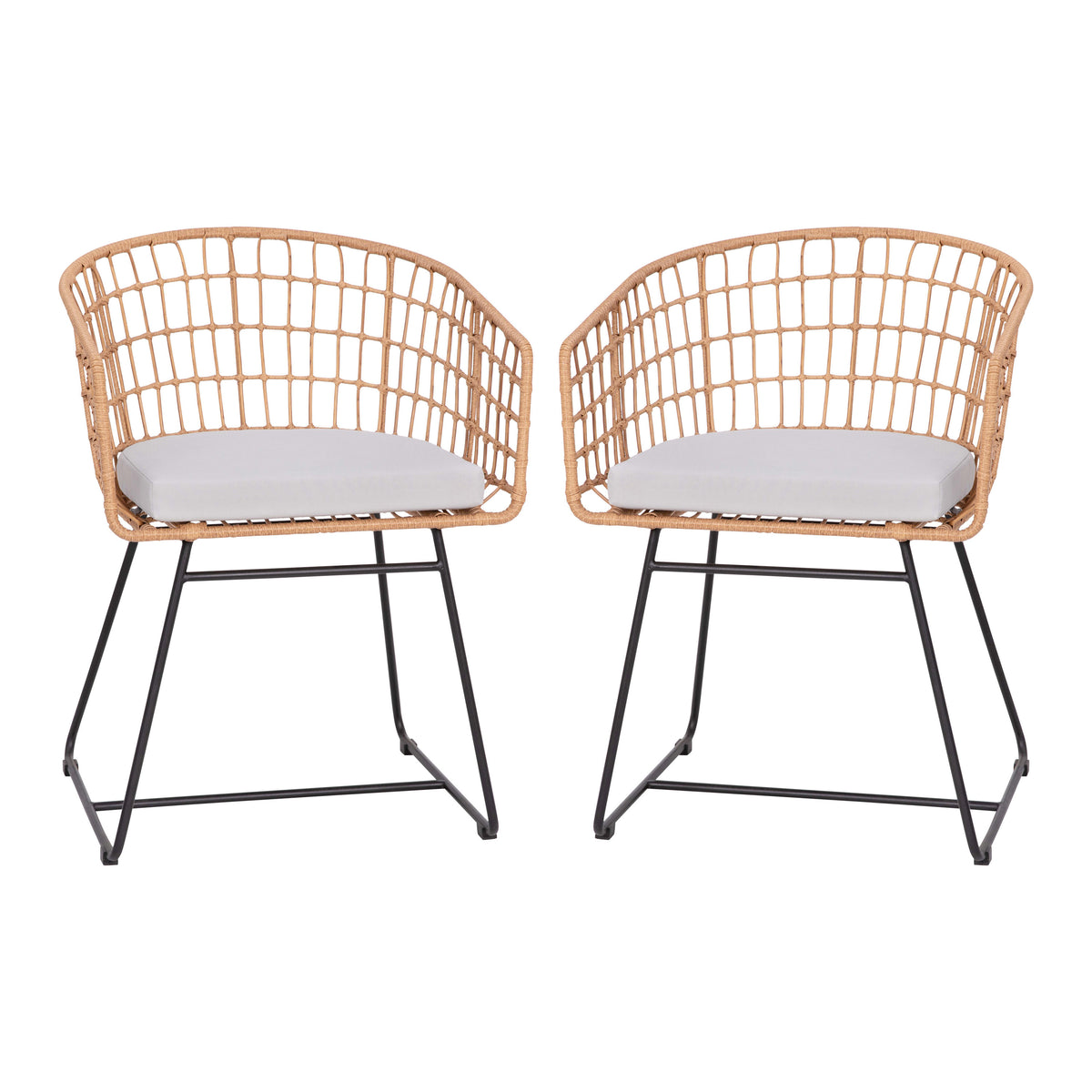 Light Gray Cushion/Natural Frame |#| 2PK Indoor/Outdoor Natural Boho Rattan Rope Club Chairs-Light Gray Seat Cushions