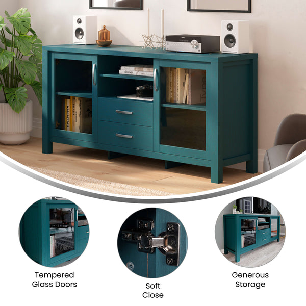 Teal |#| 59" Engineered Wood Buffet Sideboard Storage Cabinet w/ 2 Drawers, Doors in Teal