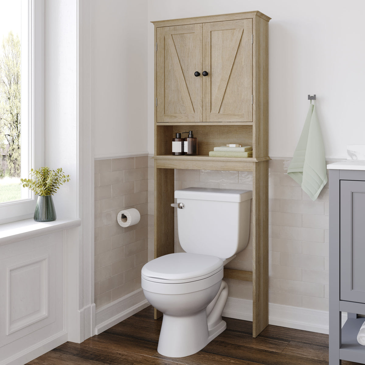 Brown |#| Farmhouse Over the Toilet Cabinet with Shelves and Magnetic Closure Doors-Brown