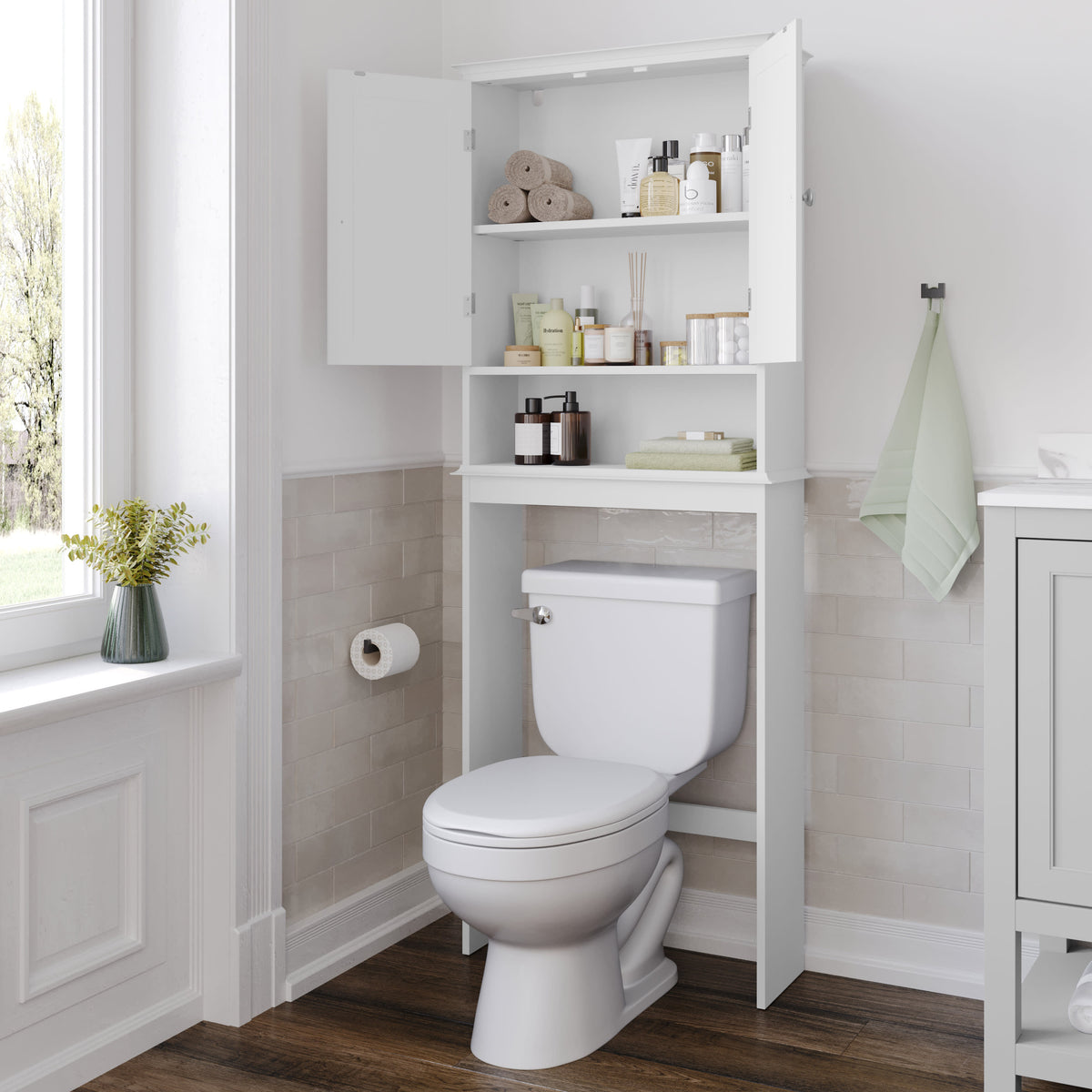 White |#| Farmhouse Over the Toilet Cabinet with Shelves and Magnetic Closure Doors-White