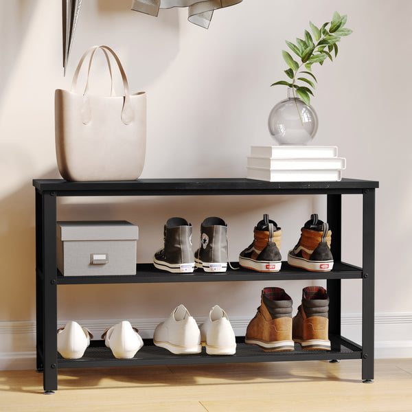 Black Wash |#| 3-Tier Entryway Bench with Mesh Metal Shoe Storage Shelves in Blackwash