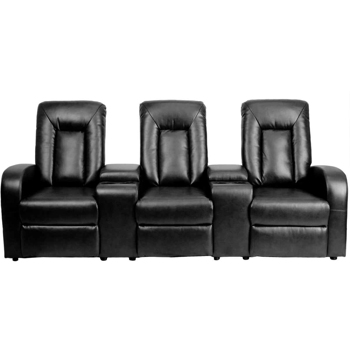 Black |#| 3-Seat Push Back Reclining Black LeatherSoft Theater Seating Unit w/Cup Holders