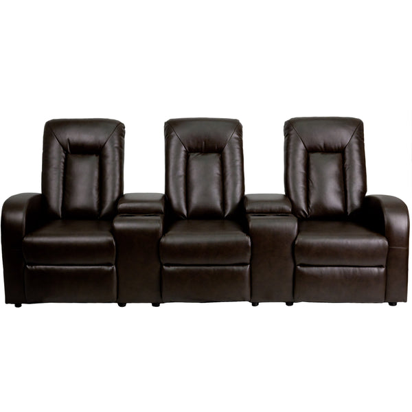 Black |#| 3-Seat Push Back Reclining Black LeatherSoft Theater Seating Unit w/Cup Holders