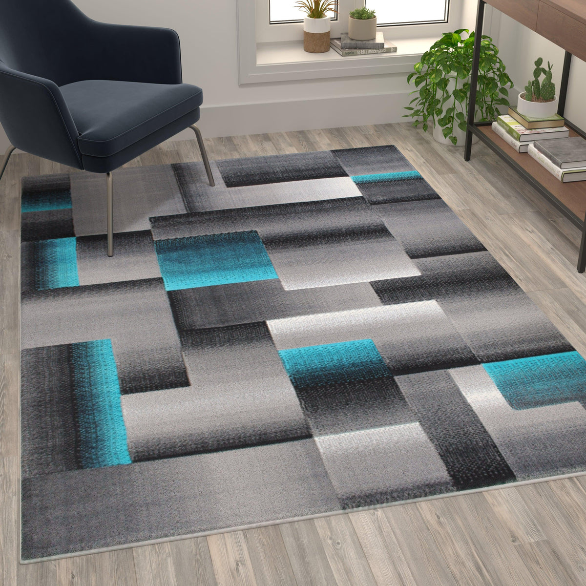 Turquoise,5' x 7' |#| Modern Geometric Style Color Blocked Indoor Area Rug - Turquoise - 5' x 7'