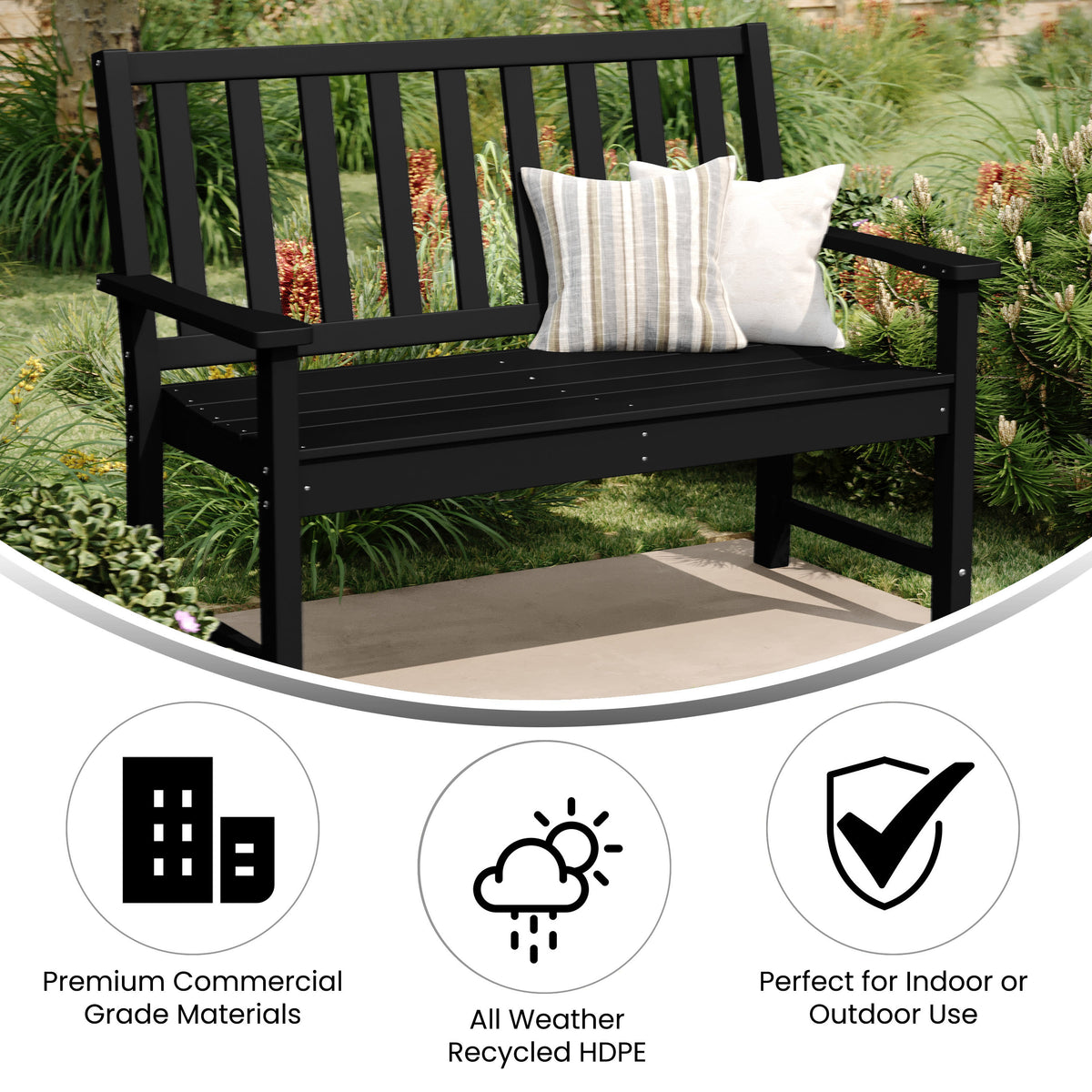 Black |#| All Weather Heavy Duty Commercial Recycled HDPE Bench with Curved Seat in Black