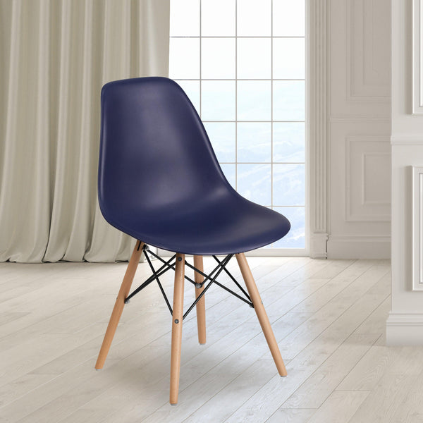 Navy |#| Navy Plastic Chair with Wooden Legs - Hospitality Seating - Side Chair
