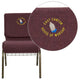 Plum Fabric/Gold Vein Frame |#| EMB 21inchW Church Chair in Plum Fabric with Cup Book Rack - Gold Vein Frame