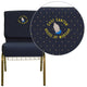 Navy Blue Dot Patterned Fabric/Gold Vein Frame |#| EMB 21inchW Church Chair in Navy Blue Dot Patterned Fabric w/ Book Rack-Gold Frame