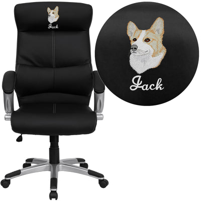 Embroidered High Back LeatherSoft Executive Swivel Office Chair with Curved Headrest and White Line Stitching