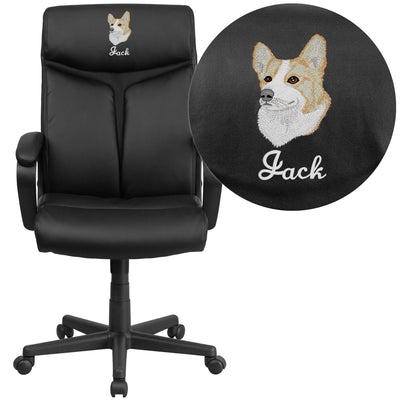 Embroidered High Back LeatherSoft Executive Swivel Office Chair with Slight Mesh Accent and Arms