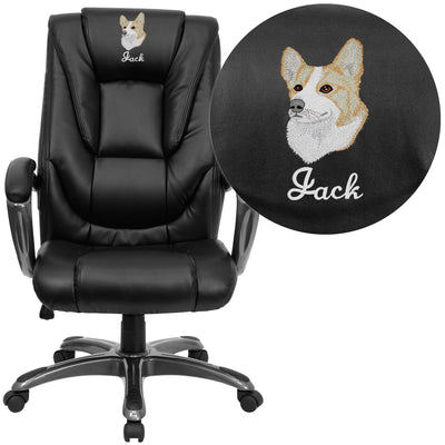 Embroidered High Back LeatherSoft Layered Upholstered Executive Swivel Ergonomic Office Chair with Smoke Metal Base and Padded Arms
