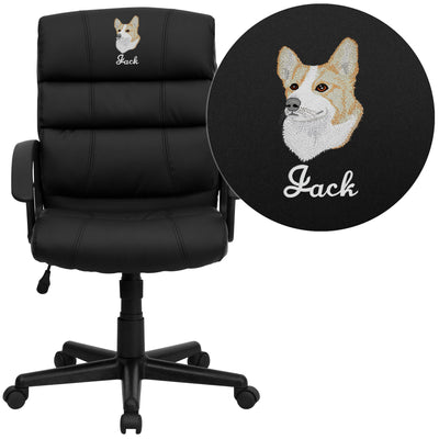 Embroidered Mid-Back LeatherSoft Swivel Task Office Chair with Accent Divided Back and Arms - View 1