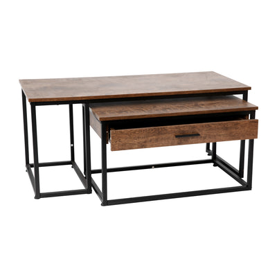 Emerson 2 Piece Modern Nesting Coffee Table Set with Storage Drawer and Sled Base Metal Frames