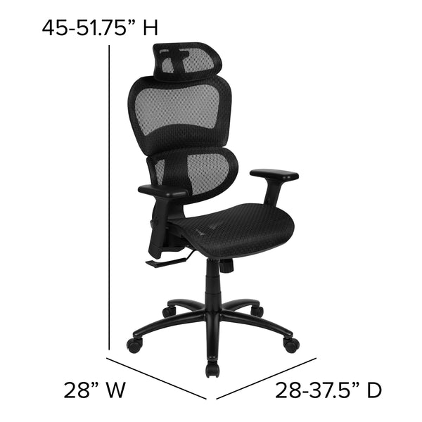 Black |#| Ergonomic Black Mesh Office Chair-Synchro-Tilt, Headrest, Adjustable Pivot Arms