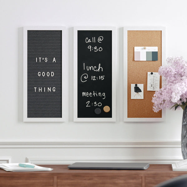 White Woodgrain |#| White Woodgrain Framed Cork/Chalk/Letter Board Set with Accessories - 24x18