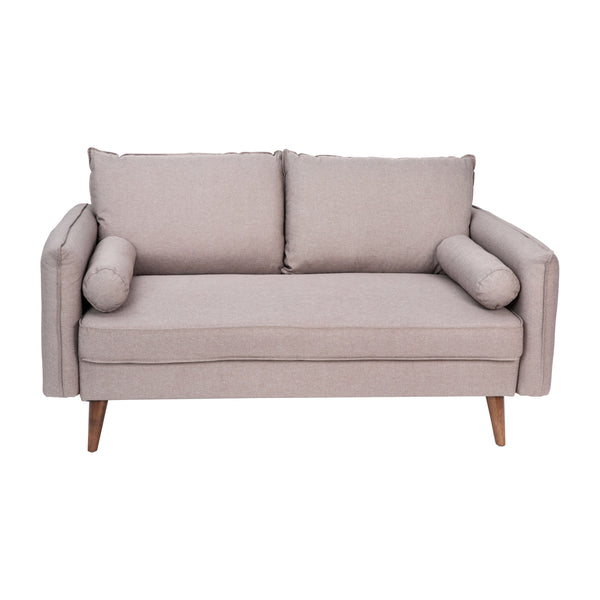 Taupe |#| Compact Taupe Faux Linen Upholstered Loveseat with Wooden Legs