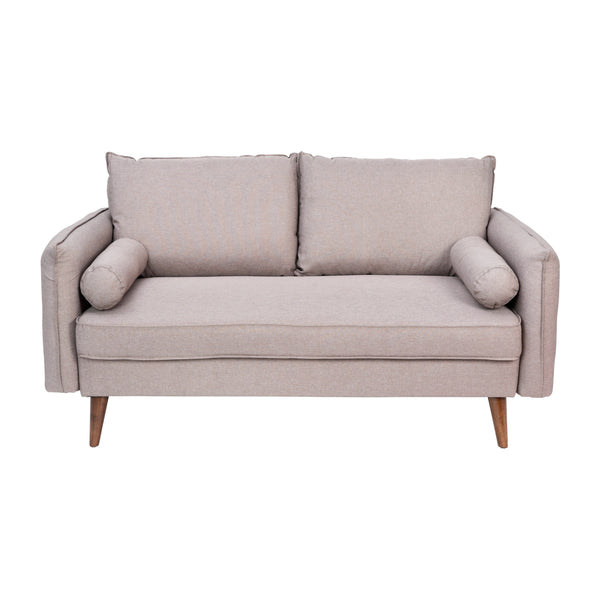 Taupe |#| Compact Taupe Faux Linen Upholstered Loveseat with Wooden Legs