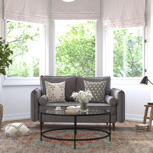 Stone Gray |#| Compact Stone Gray Faux Linen Upholstered Loveseat with Wooden Legs