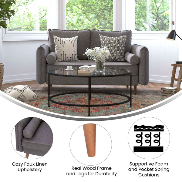 Stone Gray |#| Compact Stone Gray Faux Linen Upholstered Loveseat with Wooden Legs