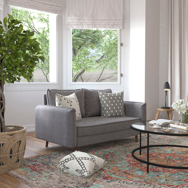 Stone Gray |#| Compact Stone Gray Faux Linen Upholstered Loveseat with Wooden Legs