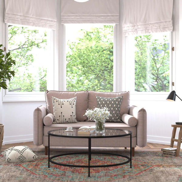 Taupe |#| Compact Taupe Faux Linen Upholstered Loveseat with Wooden Legs