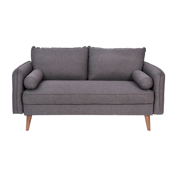Stone Gray |#| Compact Stone Gray Faux Linen Upholstered Loveseat with Wooden Legs