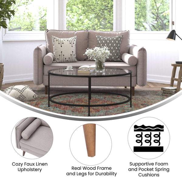 Taupe |#| Compact Taupe Faux Linen Upholstered Loveseat with Wooden Legs