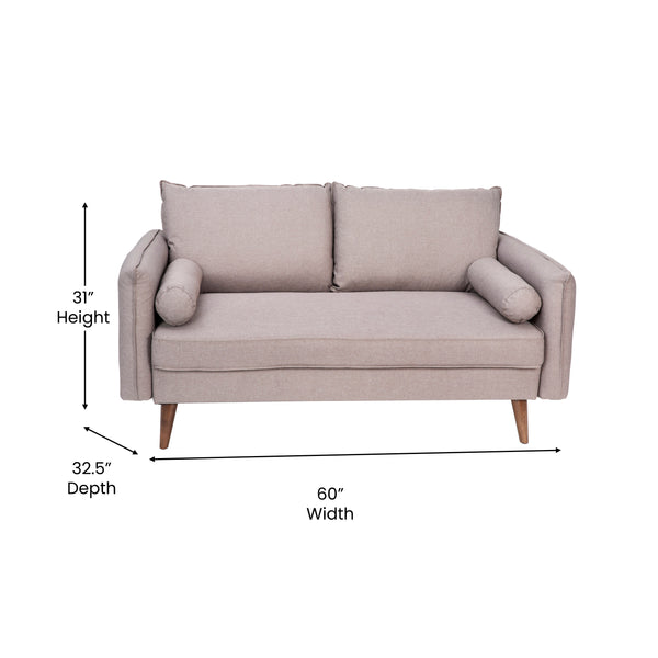 Taupe |#| Compact Taupe Faux Linen Upholstered Loveseat with Wooden Legs