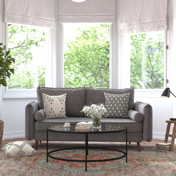 Stone Gray |#| Compact Stone Gray Faux Linen Upholstered Sofa with Wooden Legs